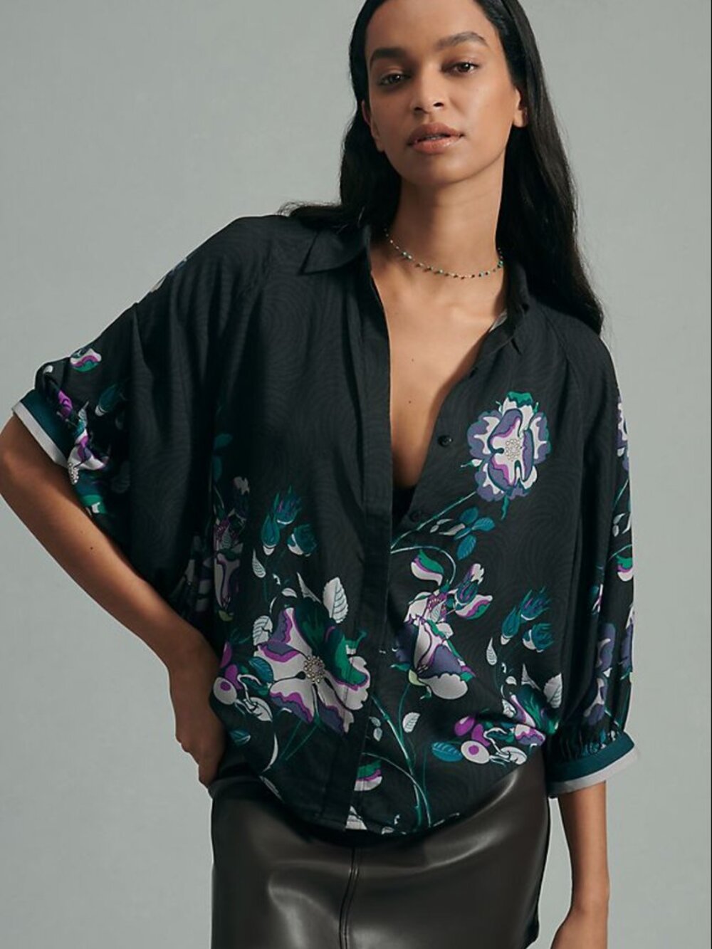 Anthropologie Blank London Floral Dolman Sleeve Button Down Blouse Top Small